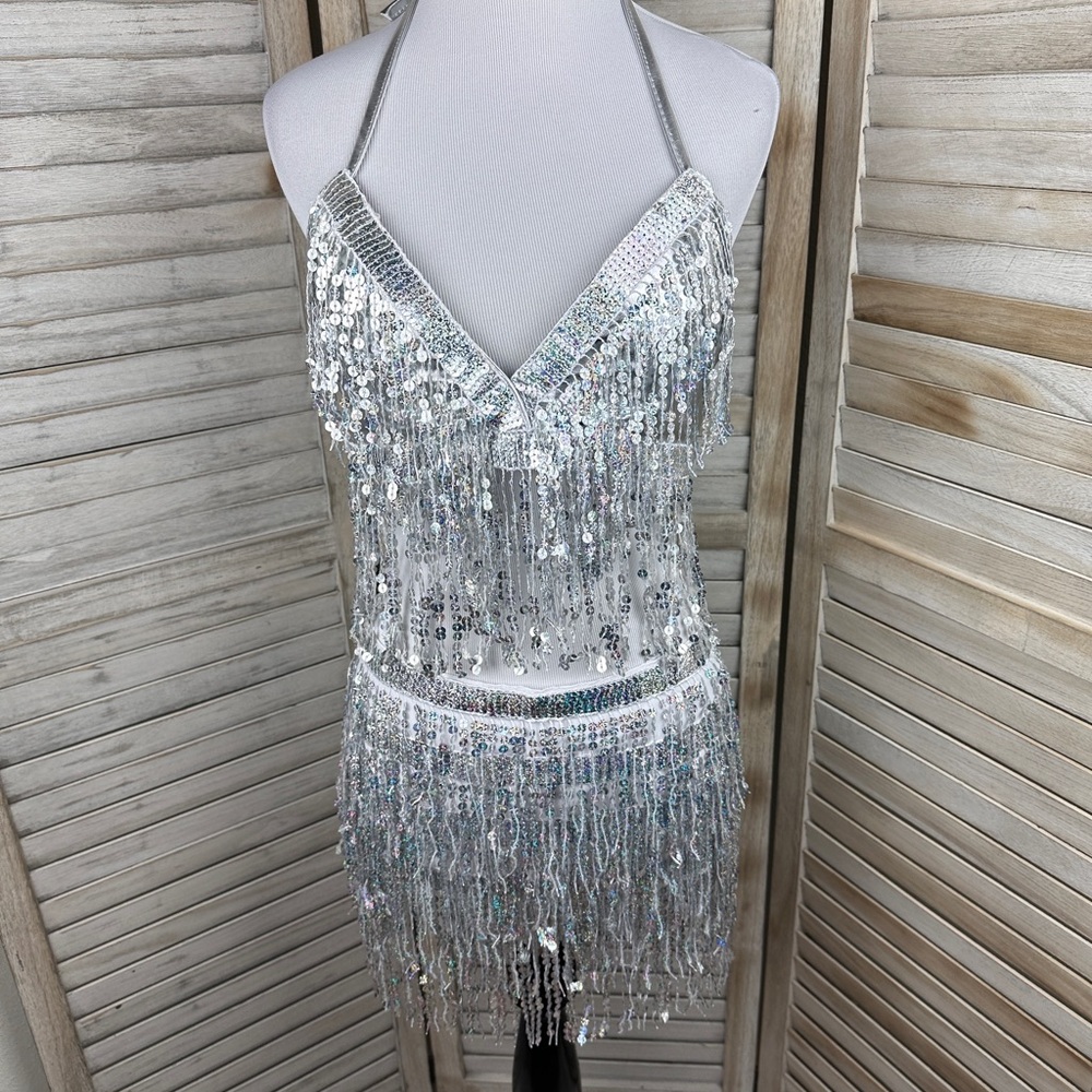 Metallic Silver Holographic Fringe Festival Rave Dance 2 Piece Skirt Set Medium
